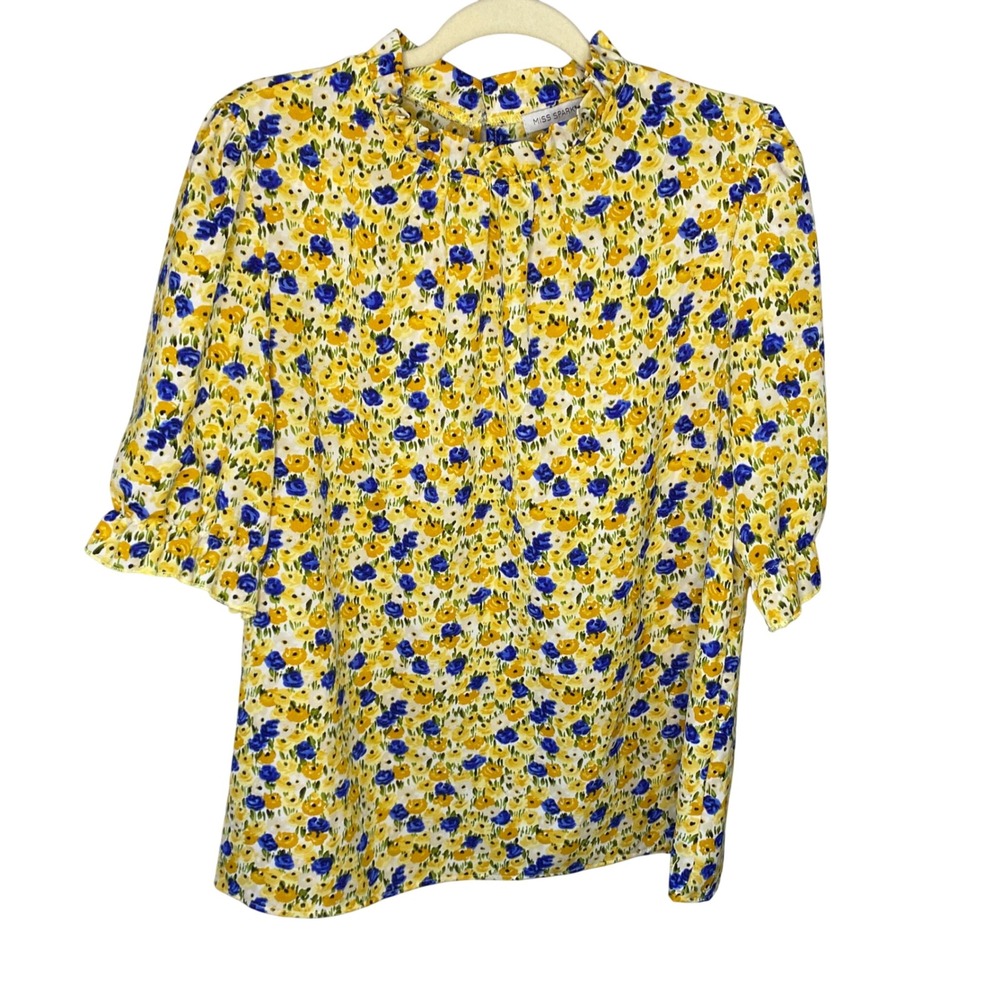 Miss Sparkling Yellow Blue Floral Ruffle Mock Neck Puff Sleeve Blouse Large